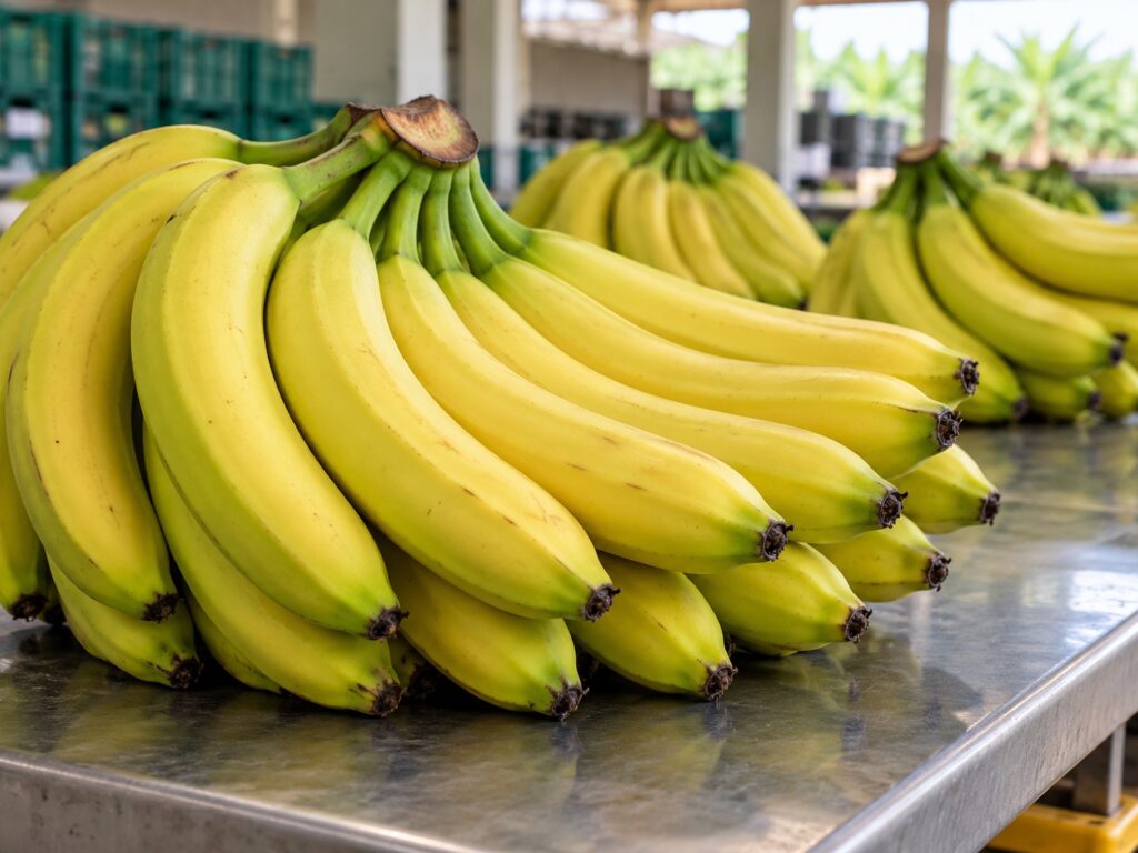 Ilustração gerada por IA de bananas nanicas em uma mesa de seleção.