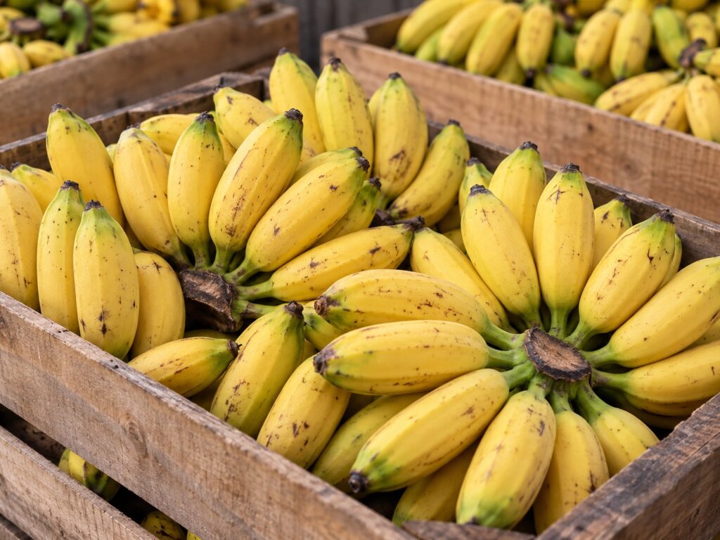 Ilustração gerada por IA de pencas de banana prata em caixas.