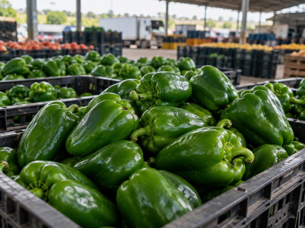 Ilustração gerada por IA de pimentões verdes em caixas de mercado.