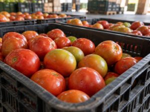Ilustração gerada por IA de tomates em caixas de um mercado atacadista.